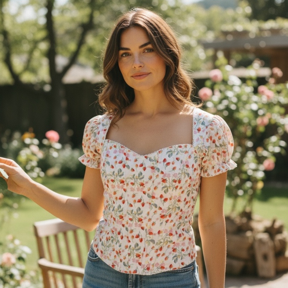 Victoria's Secret Strawberry Floral Puff Sleeve Corset Top Size M